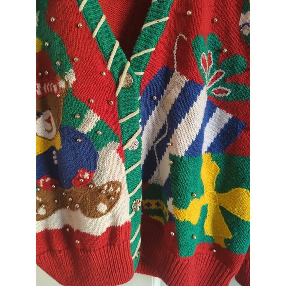 Vintage Lauren Gayle Petite Women's L Red Christmas Cardigan W/ Teddy Bear - Picture 4 of 8